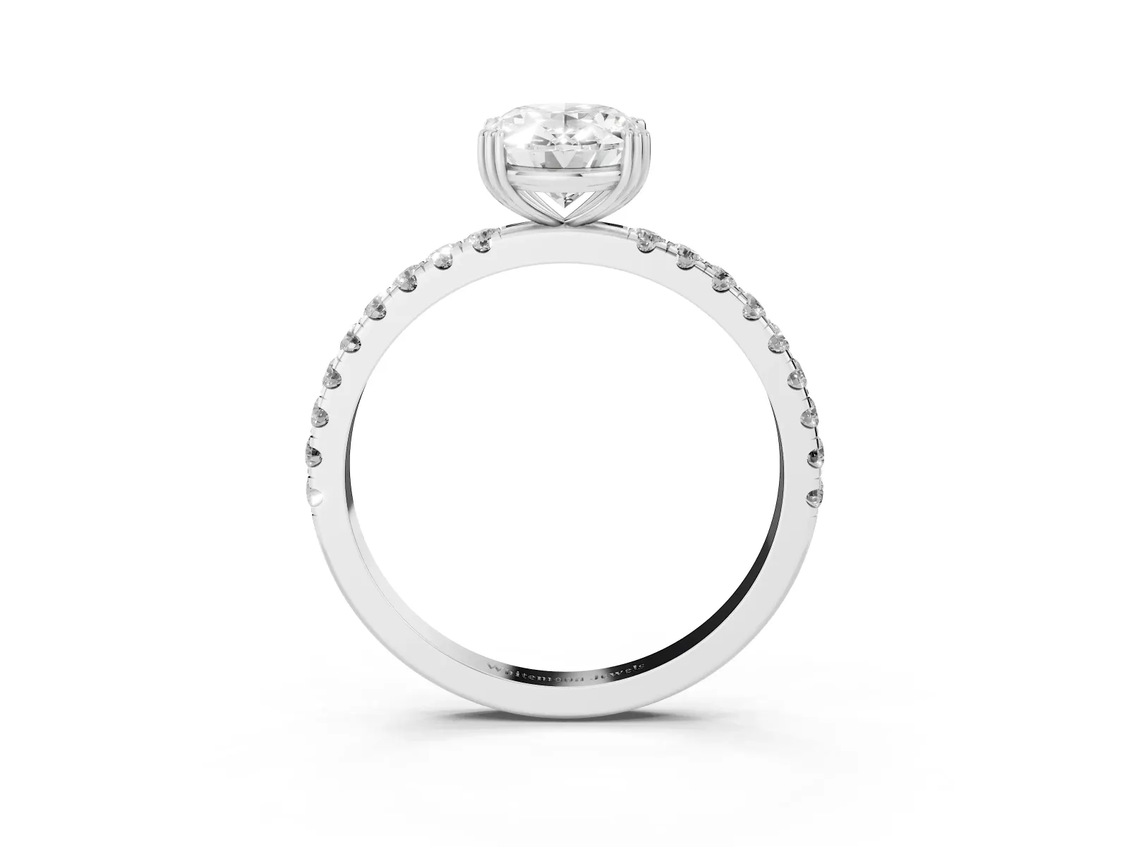 Oval Cut Brilliant Solitaire with Pavé Band and Claw Prong Setting Silver