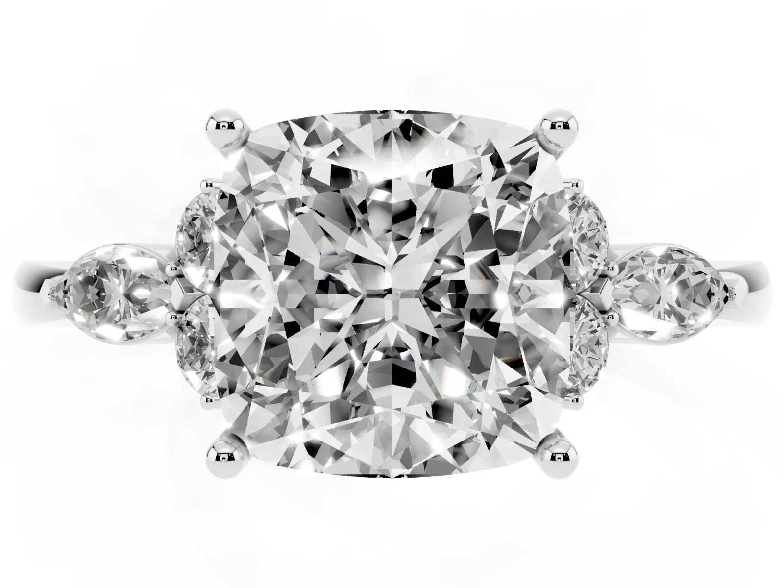 Cushion Cut Brilliant Diamond Solitaire Ring with Pear Side Stones and Four-Prong Setting Platinum