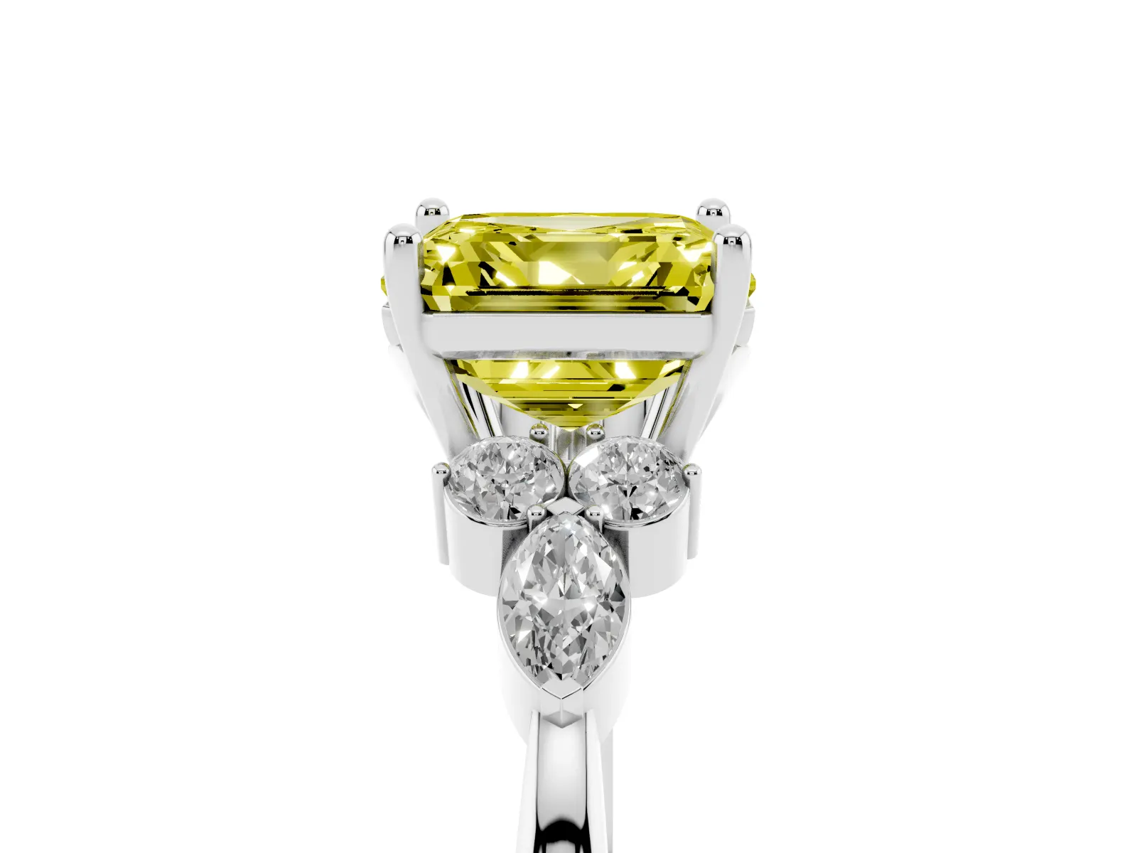 Fancy Yellow Asscher Cut Brilliant Diamond Solitaire Ring with Pear Side Stones and Four-Prong Setting Platinum