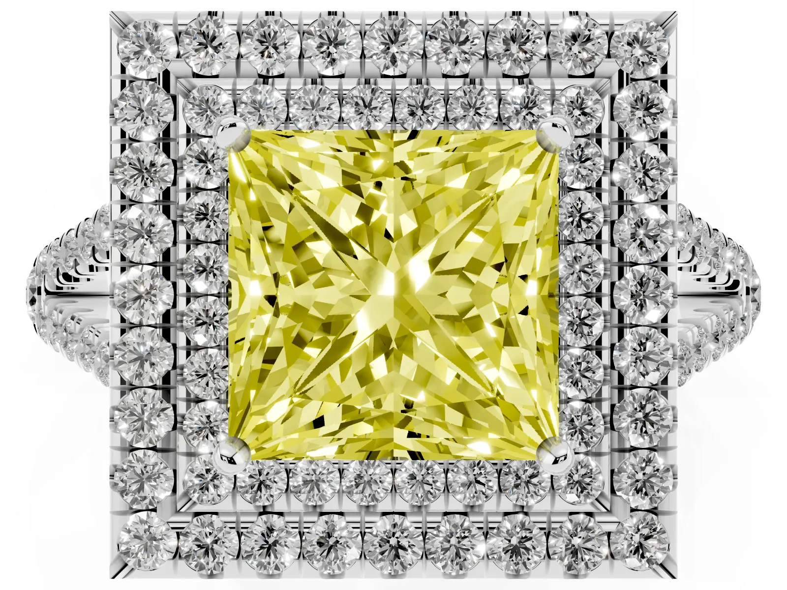 Fancy Yellow Princess Cut Diamond Double Halo Ring with Pavé Band and Prong Setting Platinum