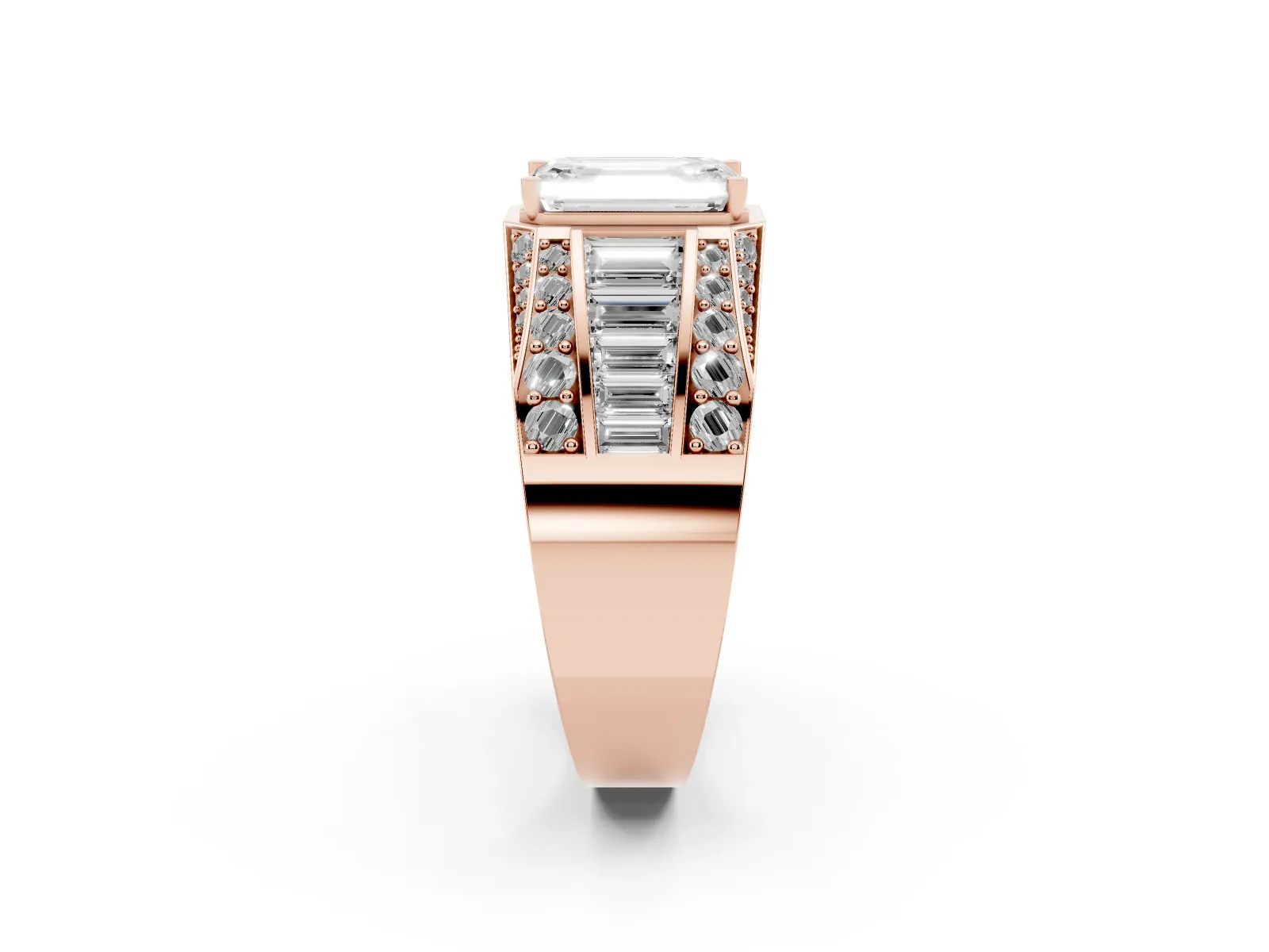 Emerald Cut Diamond Mens Ring with Baguette Side Stones Rose gold