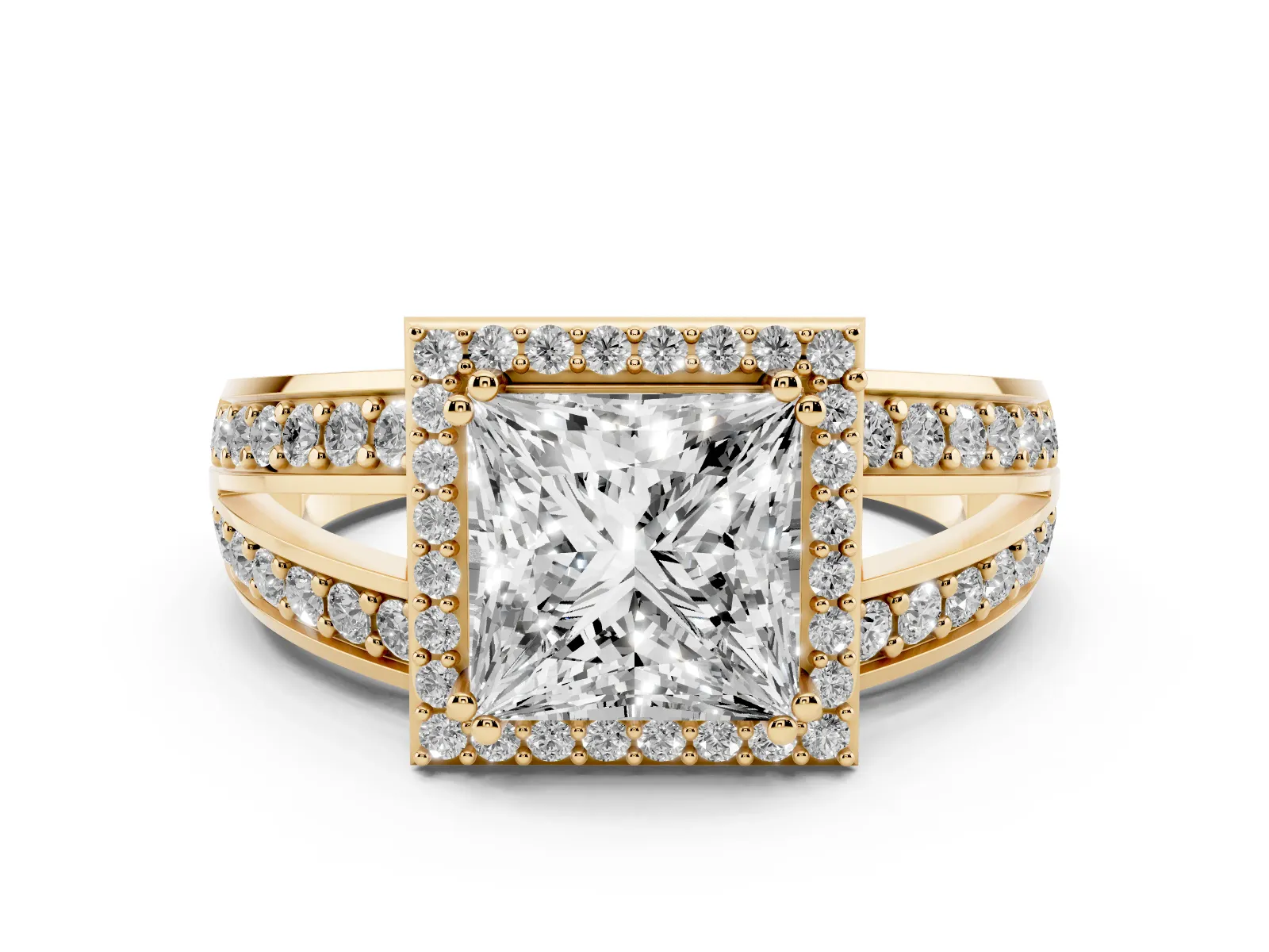 Princess Cut Diamond Halo Ring with Split Shank Pavé Band and Four-Prong Setting Yellow gold