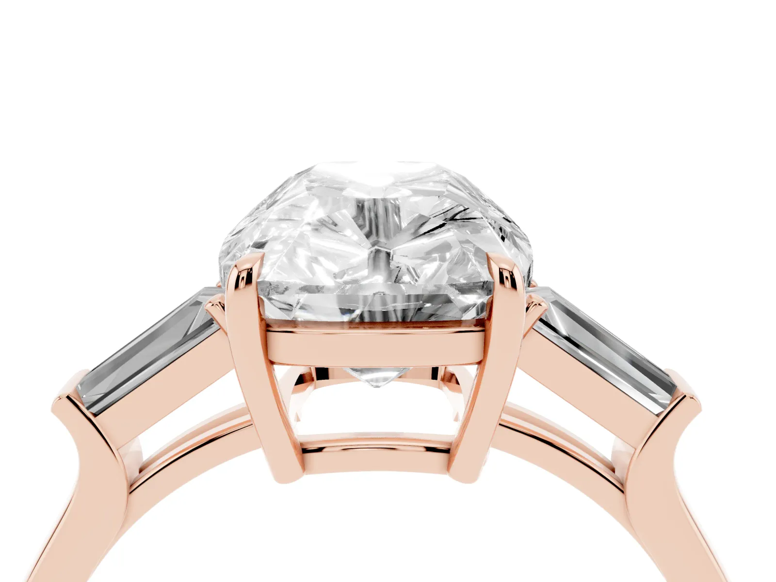 Old Mine Elongated Cushion Diamond with Side Tapered Baguette Three Stone Ring Rose gold