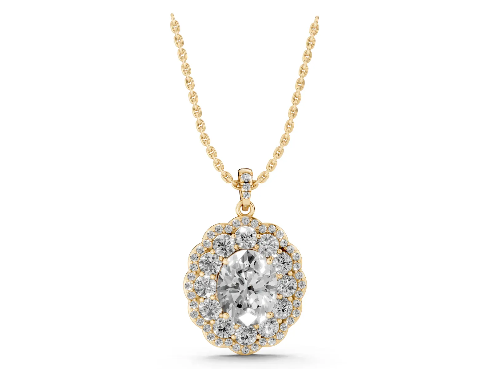 Oval Diamond Floral Halo Pendant with Diamond Accents Yellow gold
