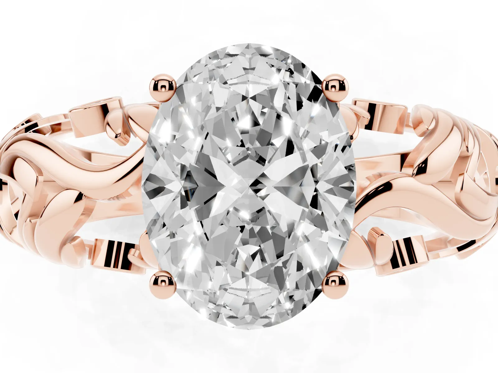 Oval Cut Solitaire Diamond Leaf-Inspired Vine Band Ring with Prong Setting Rose gold