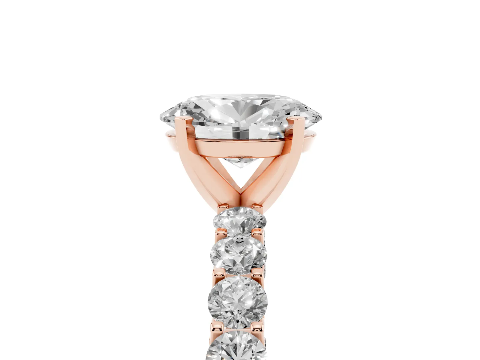 Oval Cut Diamond Solitaire Ring with Shared Prong Pavé Band and Four-Prong Setting Rose gold