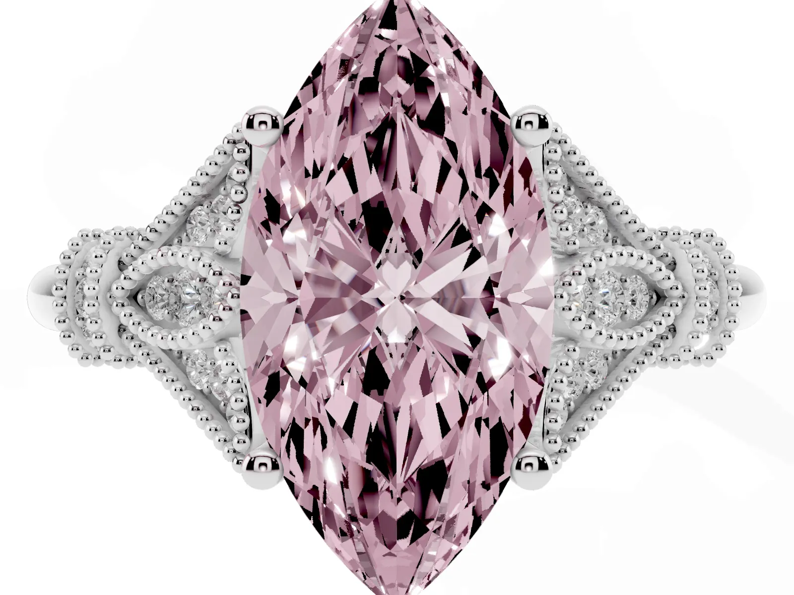 Fancy Pink Marquise Cut Diamond Solitaire Ring with Floral Filigree and Pave Accents Platinum
