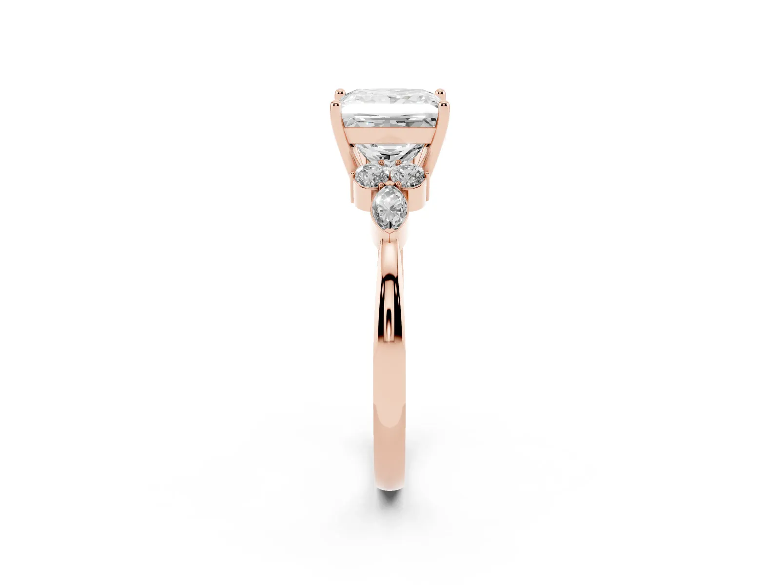 Princess Cut Brilliant Diamond Solitaire Ring with Pear Side Stones and Four-Prong Setting Rose gold