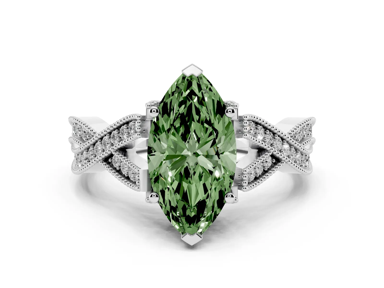 Fancy Green Marquise Cut Cut Diamond Twisted Band with Milgrain Pave Setting and Four-Prong Setting Platinum