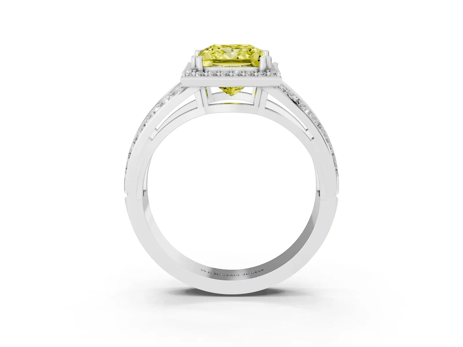 Fancy Yellow Princess Cut Diamond Halo Ring with Split Shank Pavé Band and Four-Prong Setting Platinum