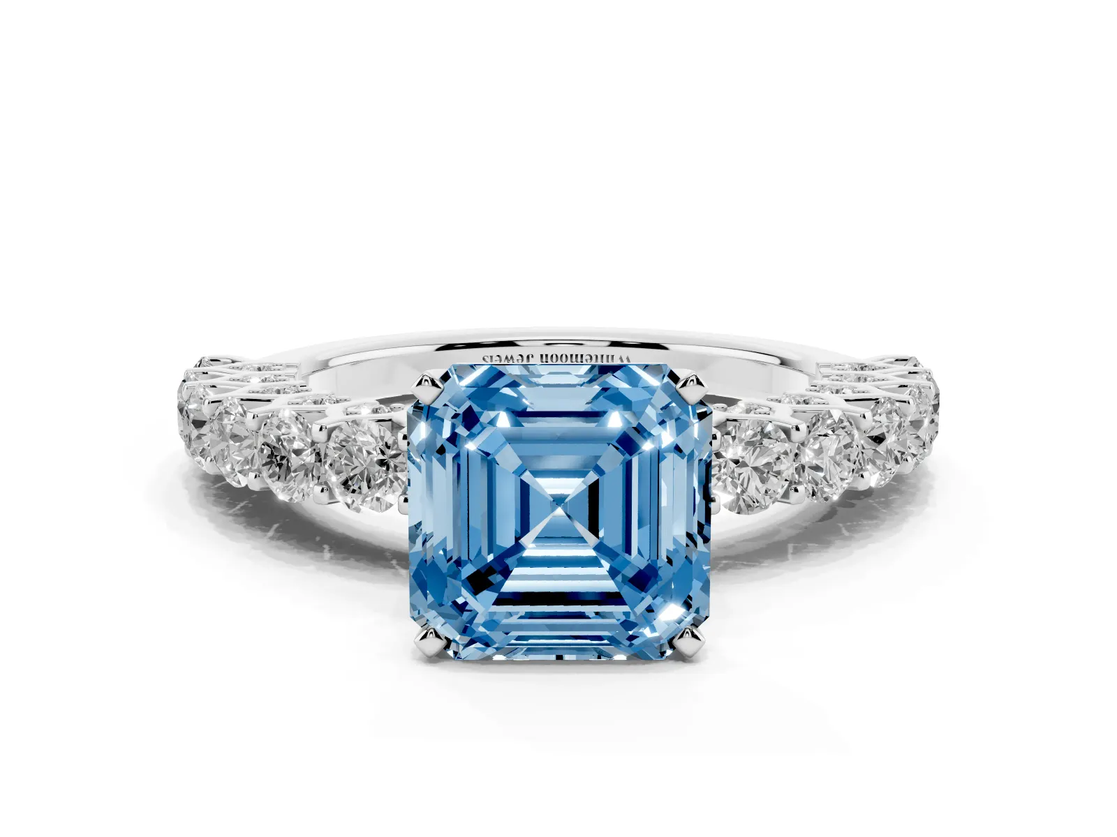Fancy Blue Asscher Cut Diamond Solitaire Ring with Shared Prong Pavé Band and Four-Prong Setting White gold