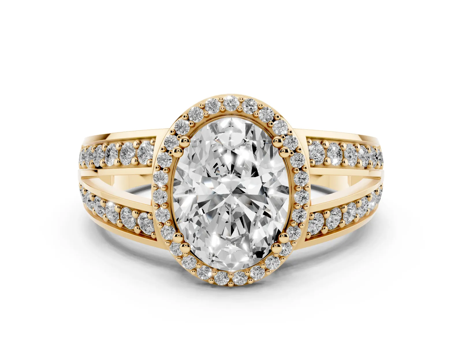 Oval Cut Diamond Halo Ring with Split Shank Pavé Band and Four-Prong Setting Yellow gold