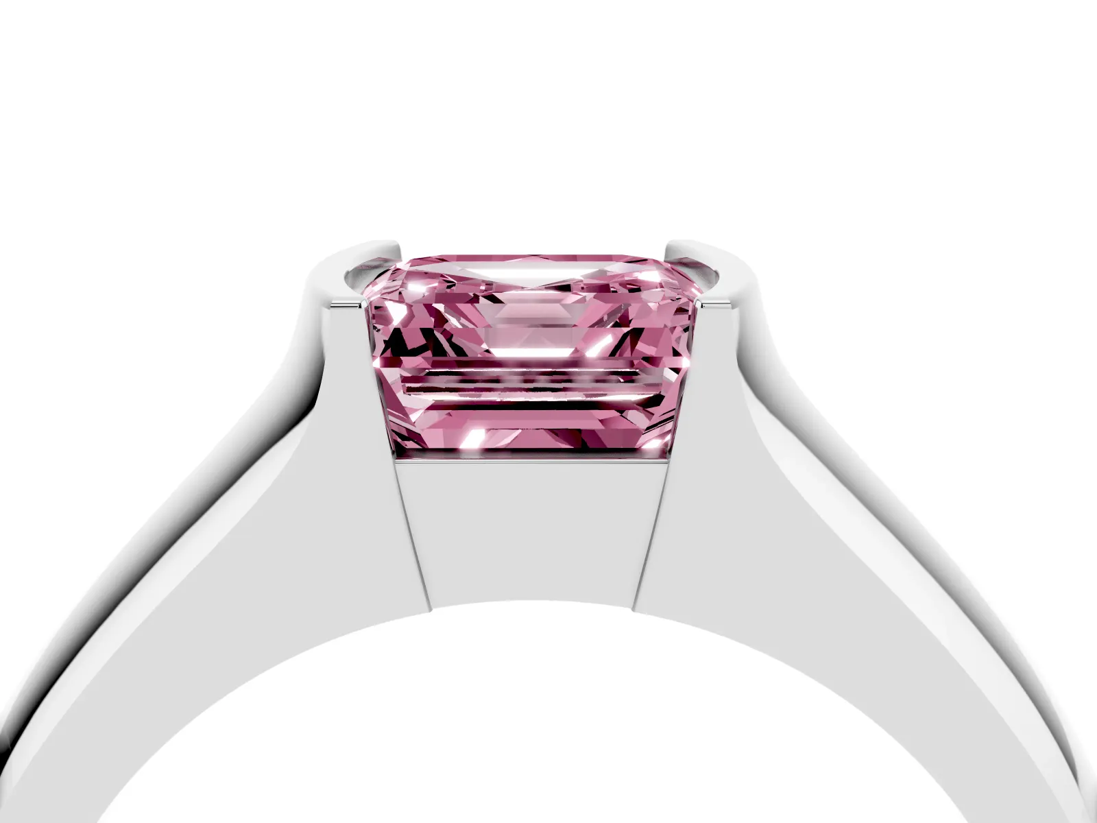 Fancy Pink Asscher Cut Solitaire Bezel Set Diamond Ring with Wide Band Platinum