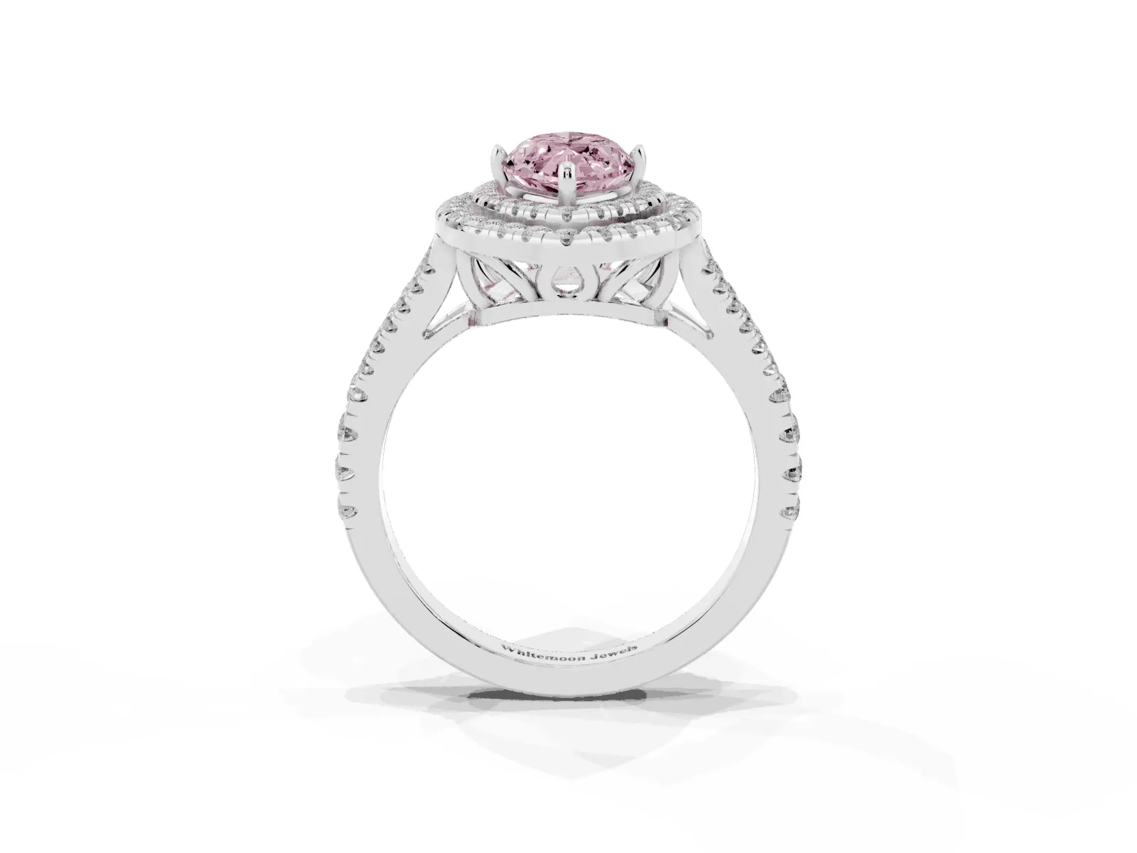 Fancy Pink Marquise Cut Diamond Double Halo Ring with Pavé Band and Prong Setting Platinum