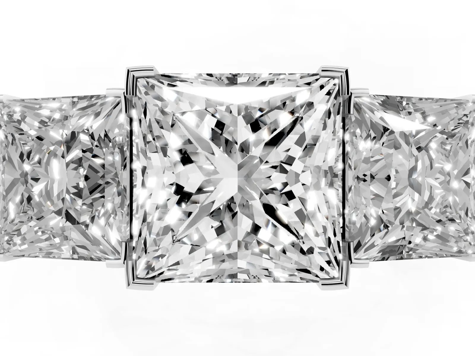 Three-Stone Princess Cut Cut Diamond Ring with Channel Set Band and Four-Prong Setting White gold