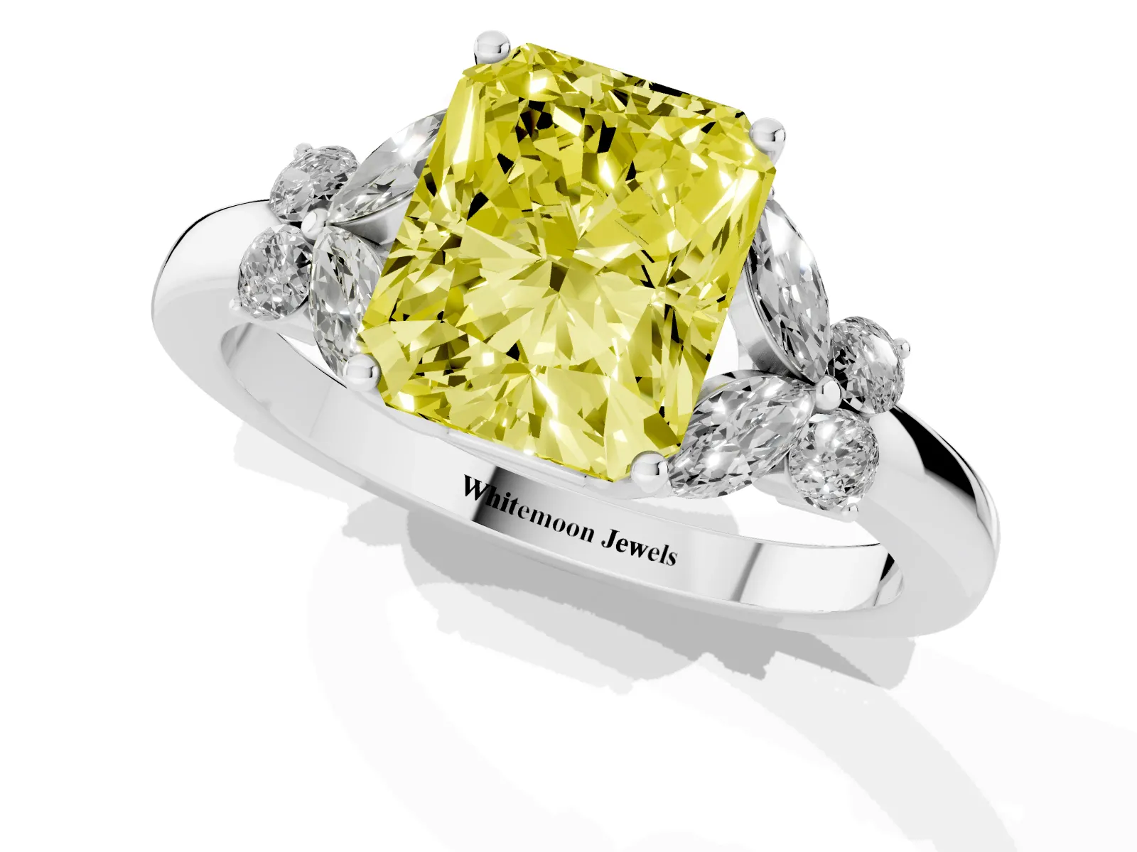 Fancy Yellow Radiant Cut Cut Solitaire Floral Diamond Ring with Four-Prong Setting Platinum