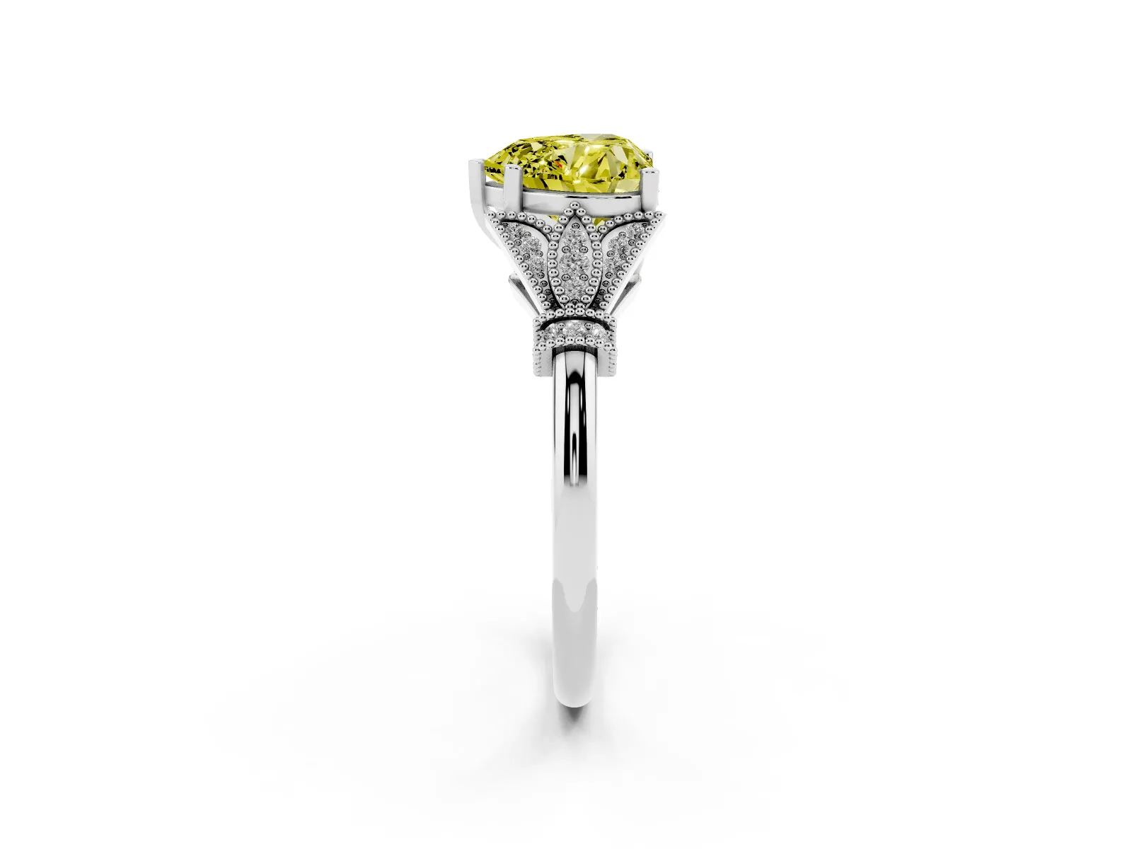 Fancy Yellow Heart Cut Diamond Solitaire Ring with Floral Filigree and Pave Accents Platinum