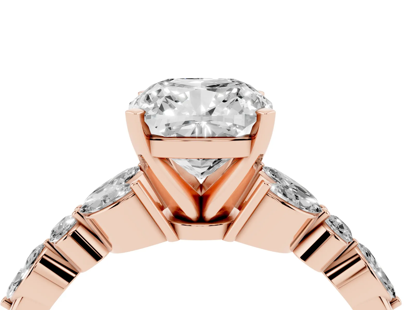 Cushion Cut Diamond Solitaire Ring with Side Stones and Four-Prong Setting Rose gold