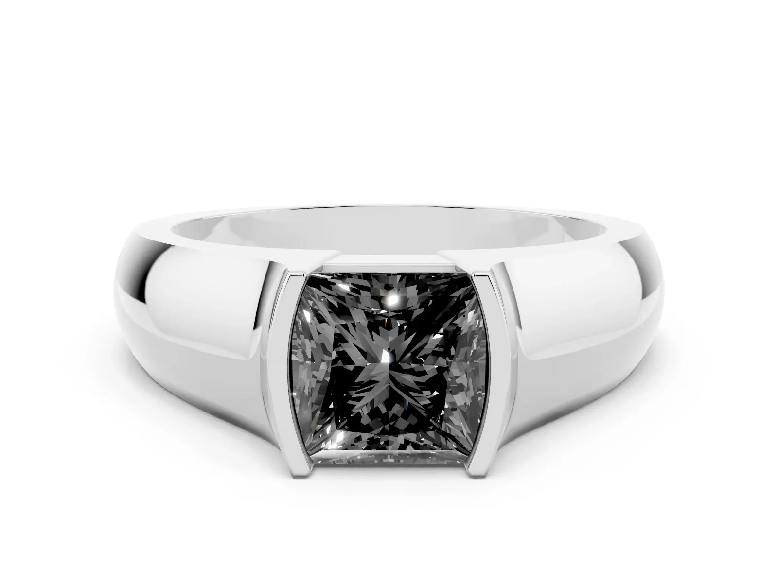 Fancy Black Princess Cut Solitaire Bezel Set Diamond Ring with Wide Band White gold