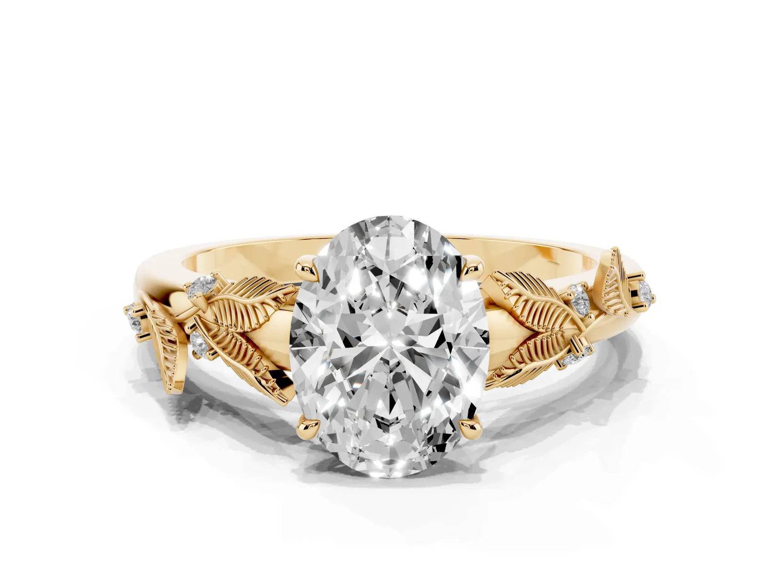 Oval Cut Diamond Solitaire Ring with Leaf Motif Band and Four-Prong Setting Yellow gold