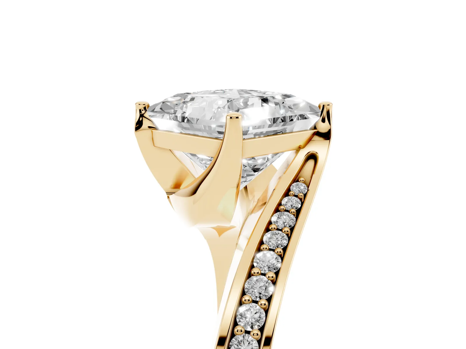 Princess Cut Solitaire Diamond Twist Band with Pavé Setting and Four-Prong Setting Yellow gold
