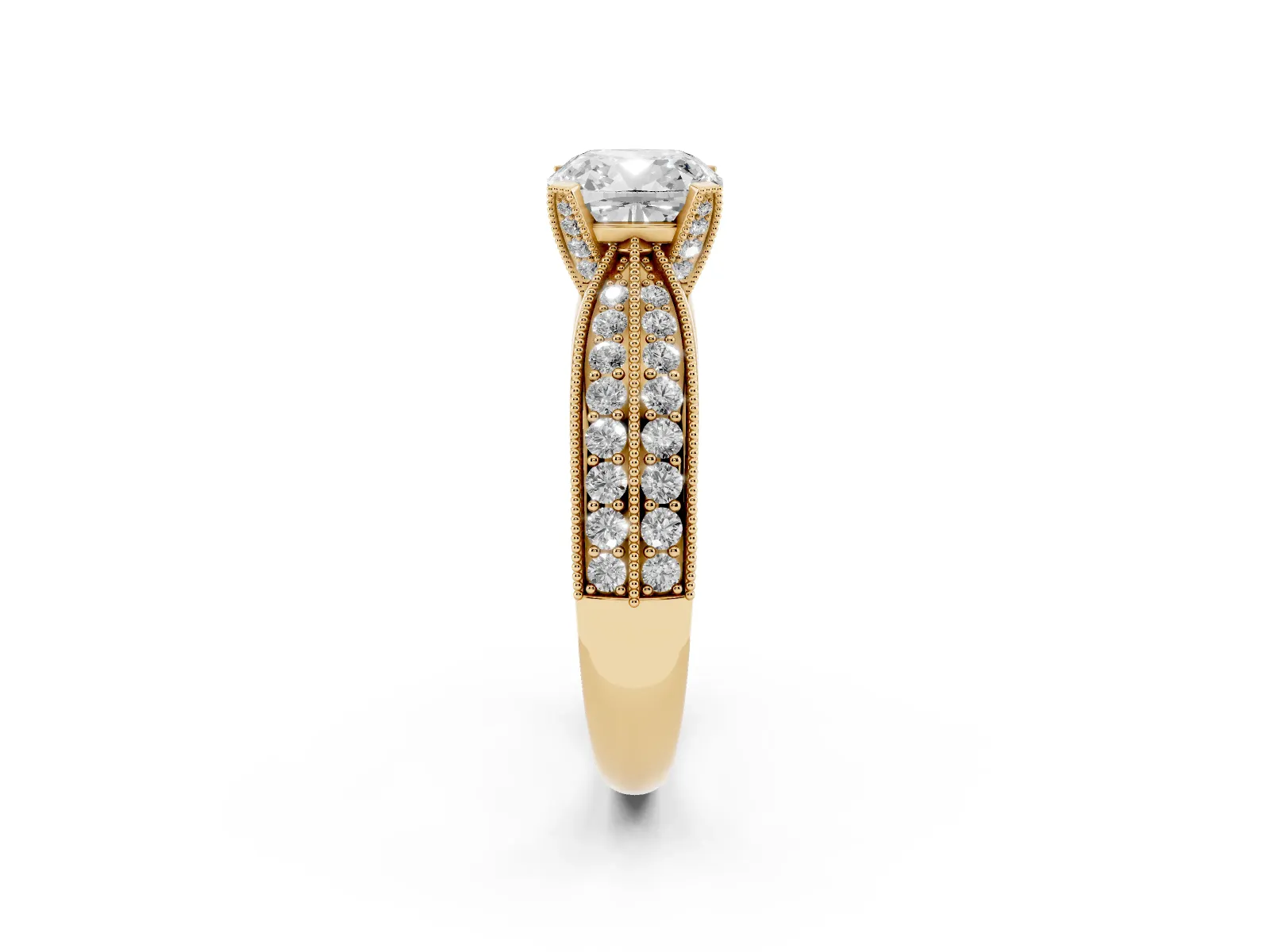 Cushion Cut Diamond Solitaire Ring with Milgrain Round Pavé Band and Prong Setting Yellow gold