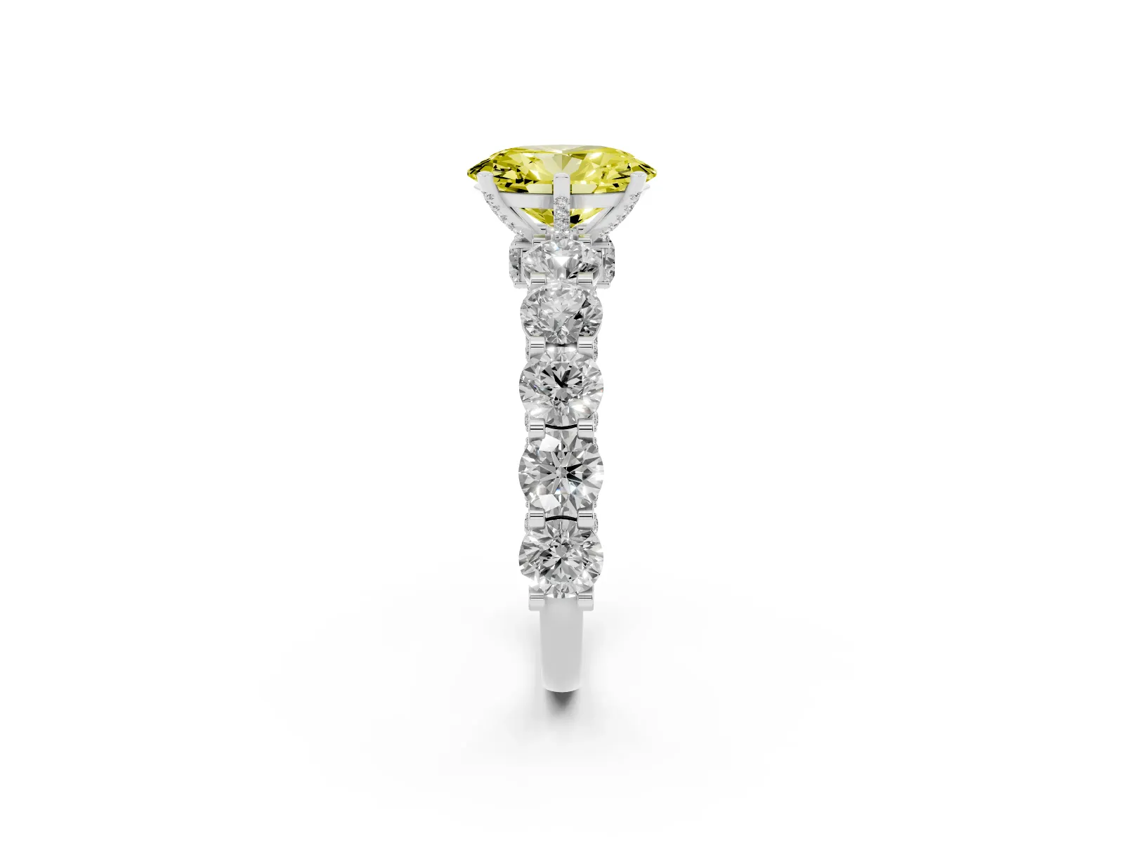 Fancy Yellow Oval Cut Diamond Side Stone Engagement Ring with Four-Prong Setting White gold