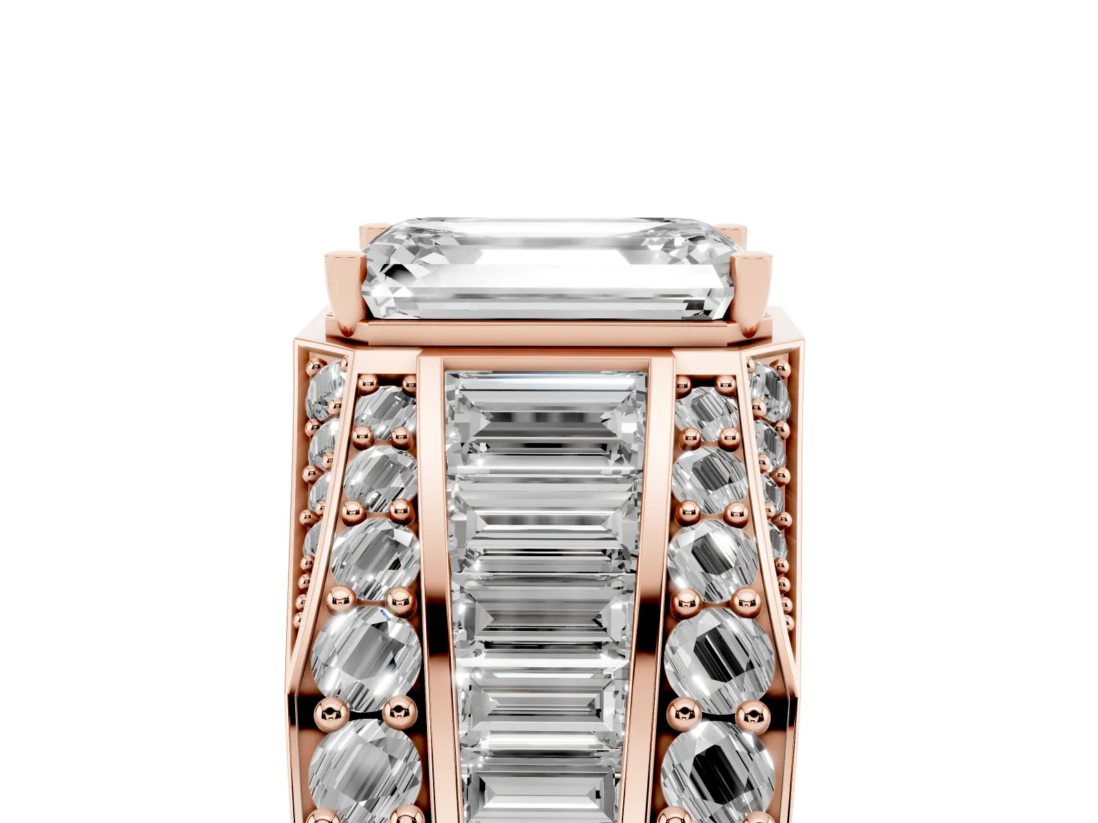 Emerald Cut Diamond Mens Ring with Baguette Side Stones Rose gold