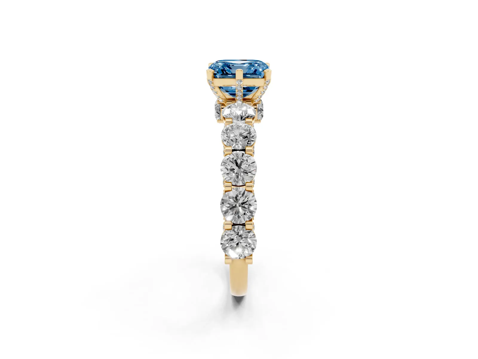 Fancy Blue Asscher Cut Diamond Side Stone Engagement Ring with Four-Prong Setting Yellow gold