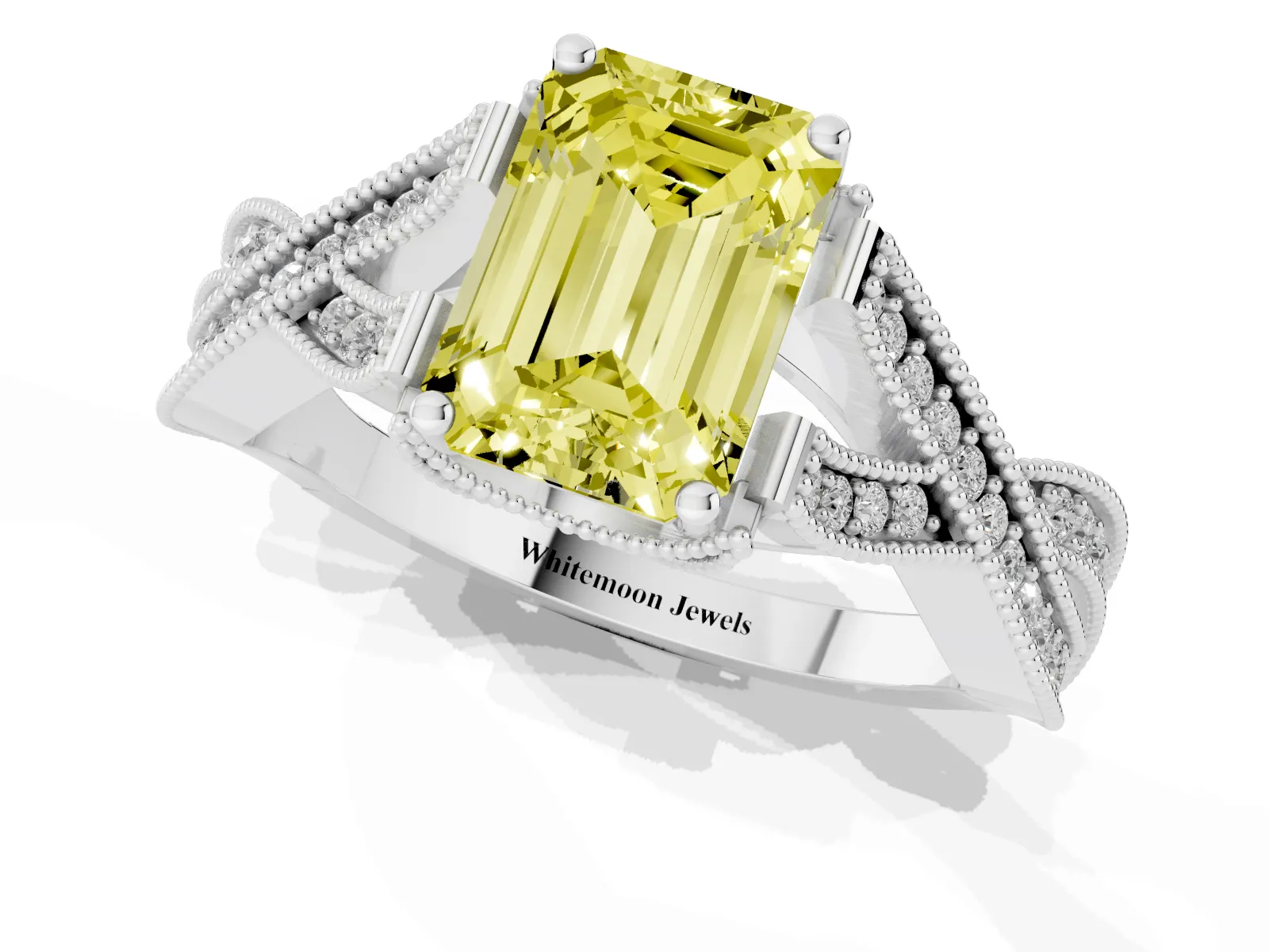 Fancy Yellow Emerald Cut Cut Diamond Twisted Band with Milgrain Pave Setting and Four-Prong Setting Platinum