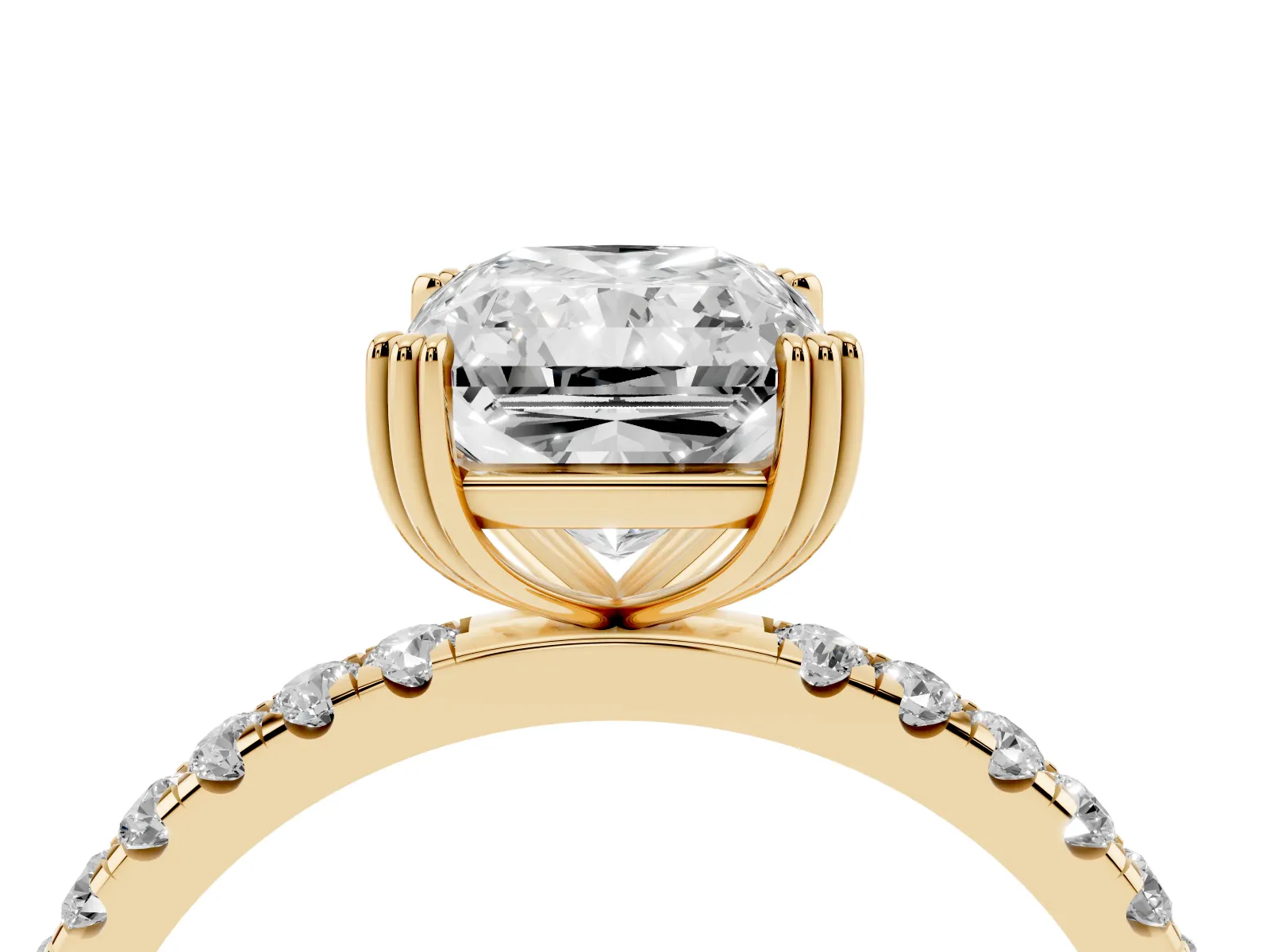 Radiant Cut Brilliant Solitaire with Pavé Band and Claw Prong Setting Yellow gold