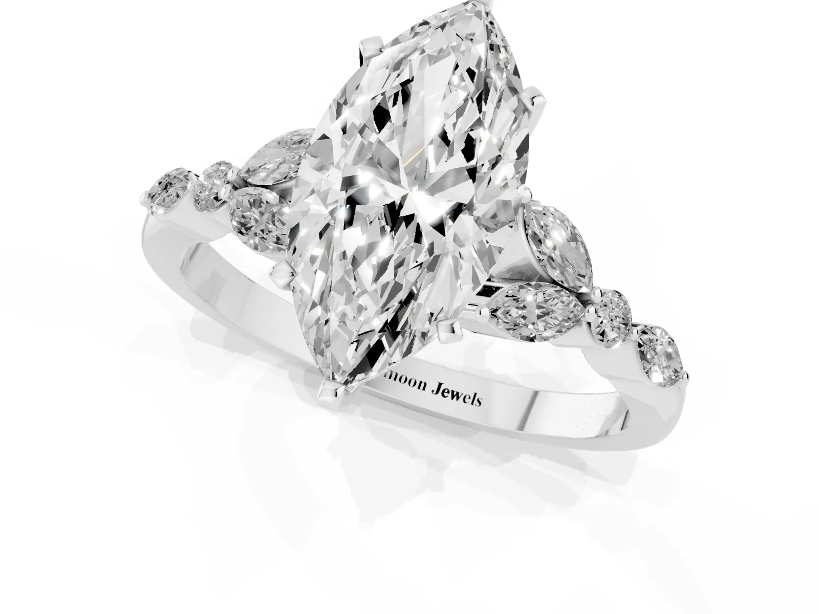 Marquise Cut Diamond Solitaire Ring with Side Stones and Four-Prong Setting Platinum