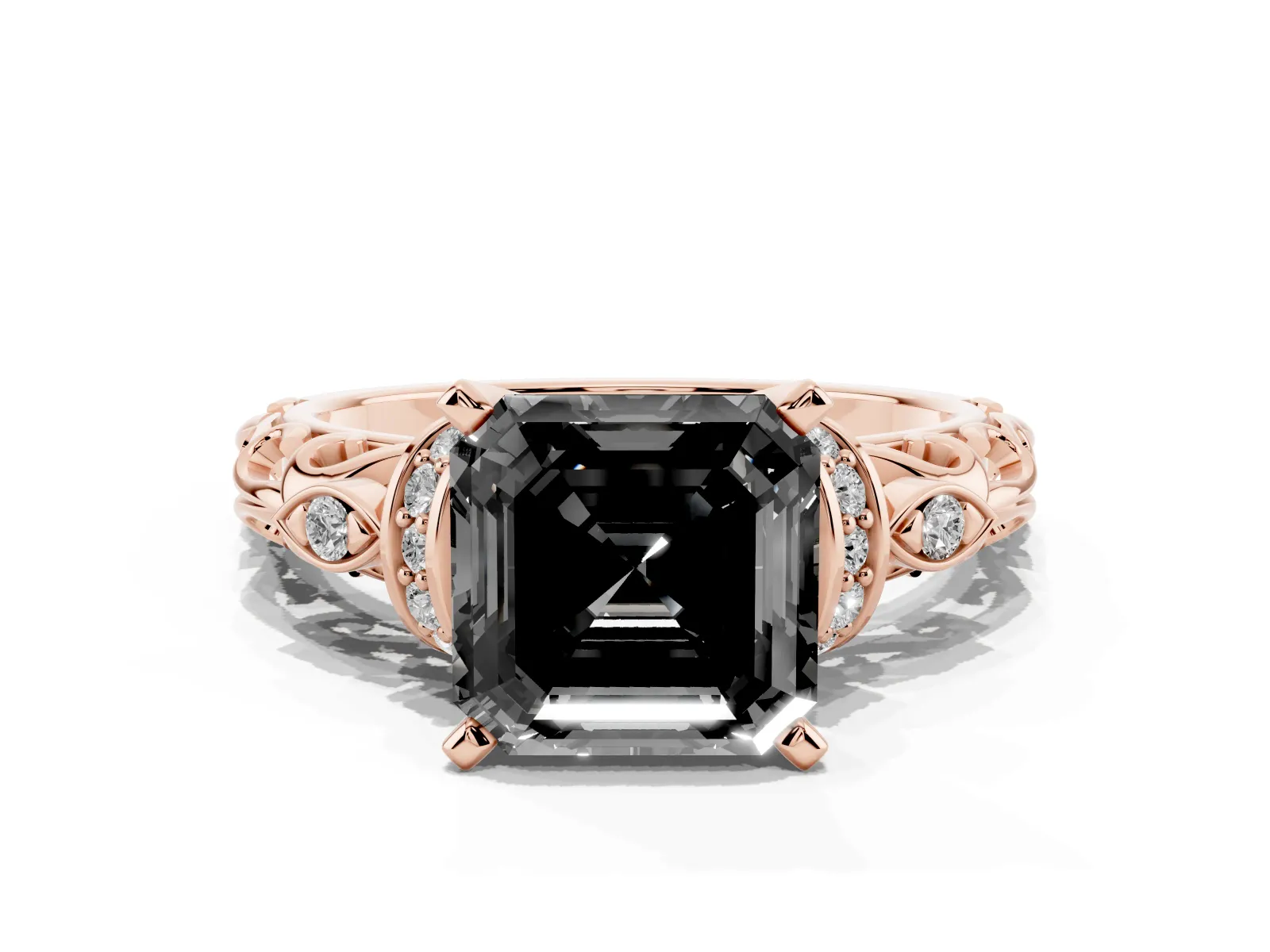 Fancy Black Asscher Cut Diamond Solitaire Ring with Filigree Band and Four-Prong Setting Rose gold