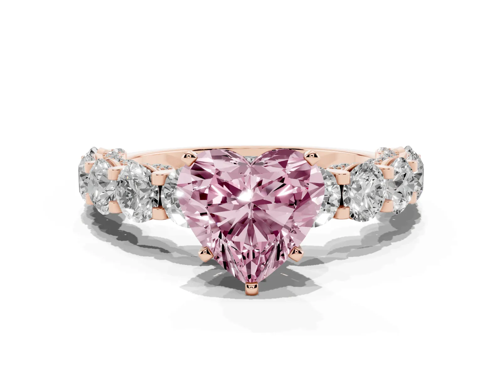 Fancy Pink Heart Cut Diamond Side Stone Engagement Ring with Four-Prong Setting Rose gold