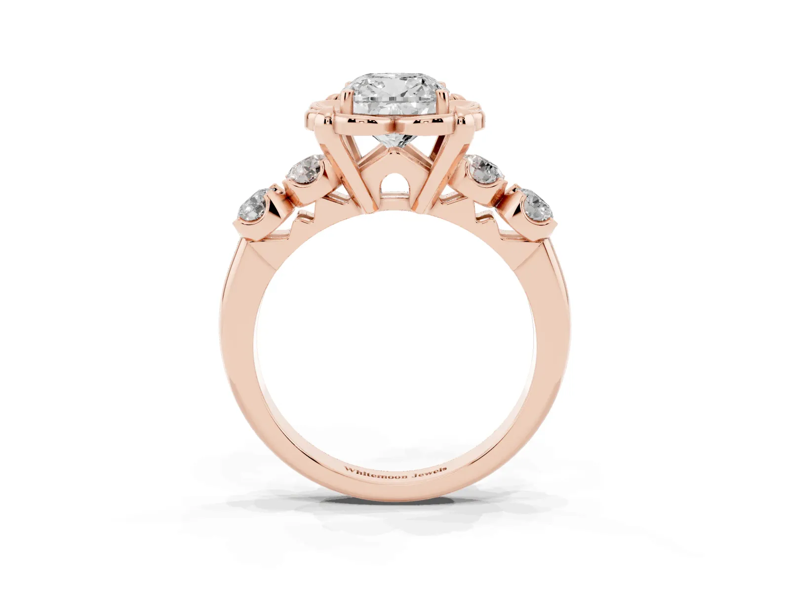 Cushion Cut Cut Diamond Floral Halo Engagement Ring with Shared Prong Setting Rose gold