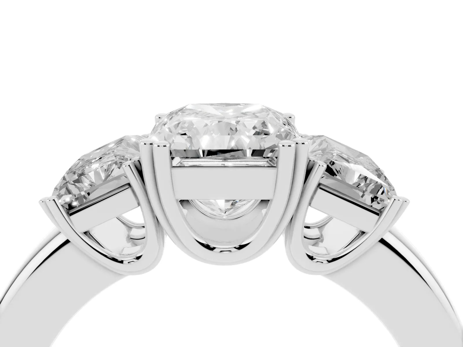 Three-Stone Radiant Cut Cut Diamond Ring with Channel Set Band and Four-Prong Setting White gold