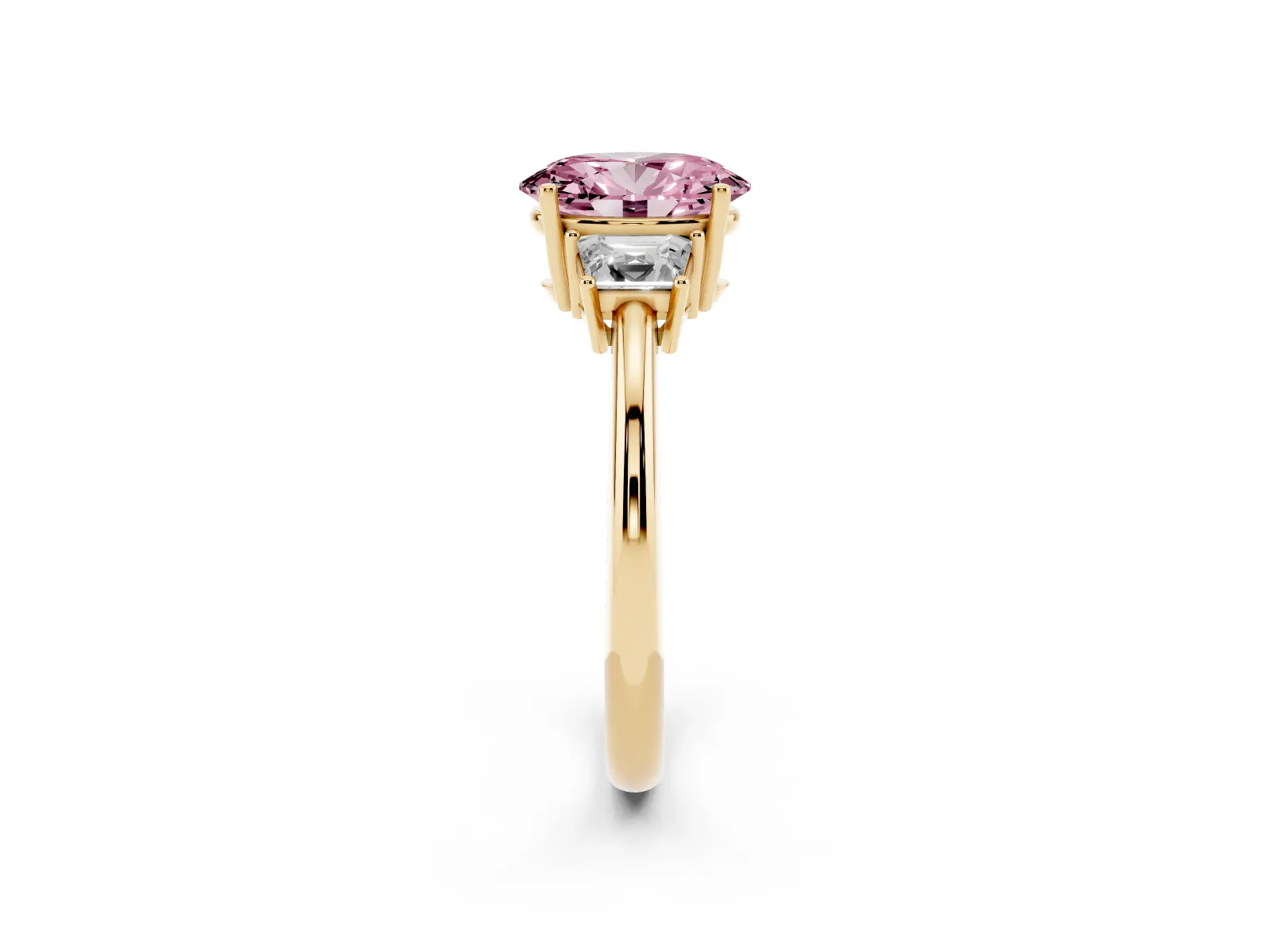 Fancy Pink Oval Cut Diamond Three-Stone Ring with Trapezoid Side Stones and Prong Setting Yellow gold