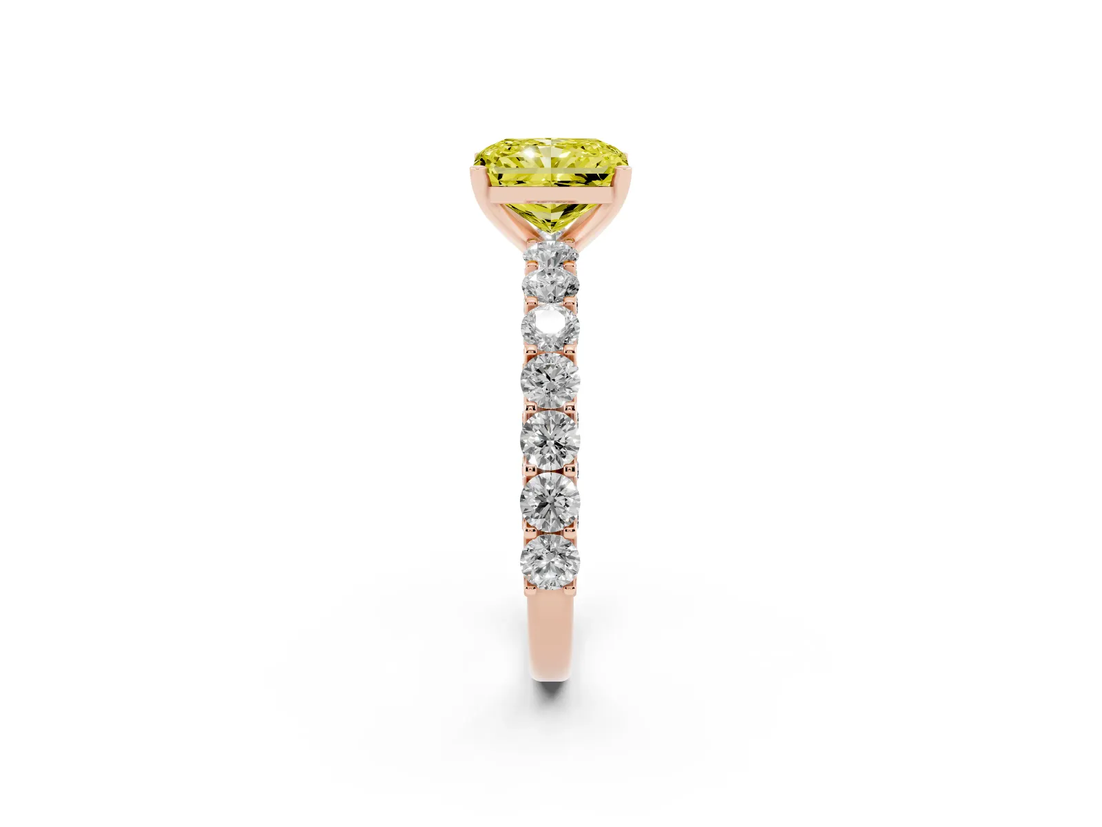 Fancy Yellow Radiant Cut Diamond Solitaire Ring with Shared Prong Pavé Band and Four-Prong Setting Rose gold
