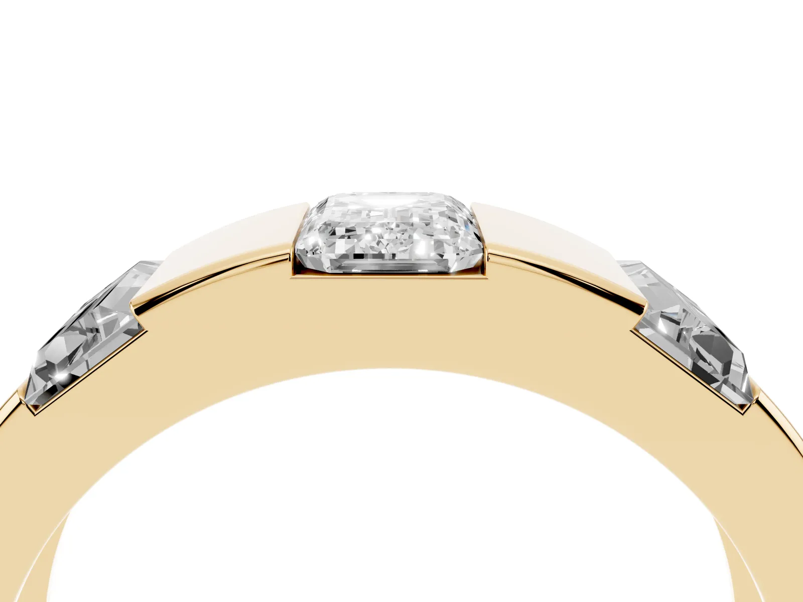 Emerald Cut Diamond Three-Stone Mens Ring with Baguette Side Stones Yellow gold