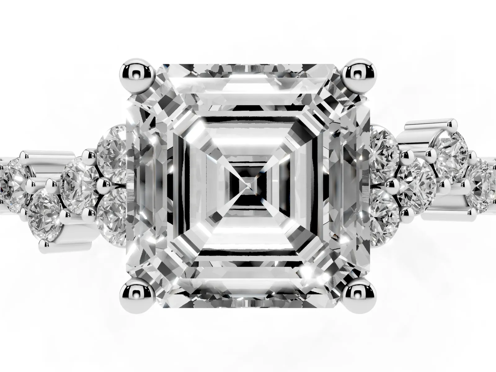 Asscher Cut Diamond Scattered Round Accent Ring with Prong Setting Silver