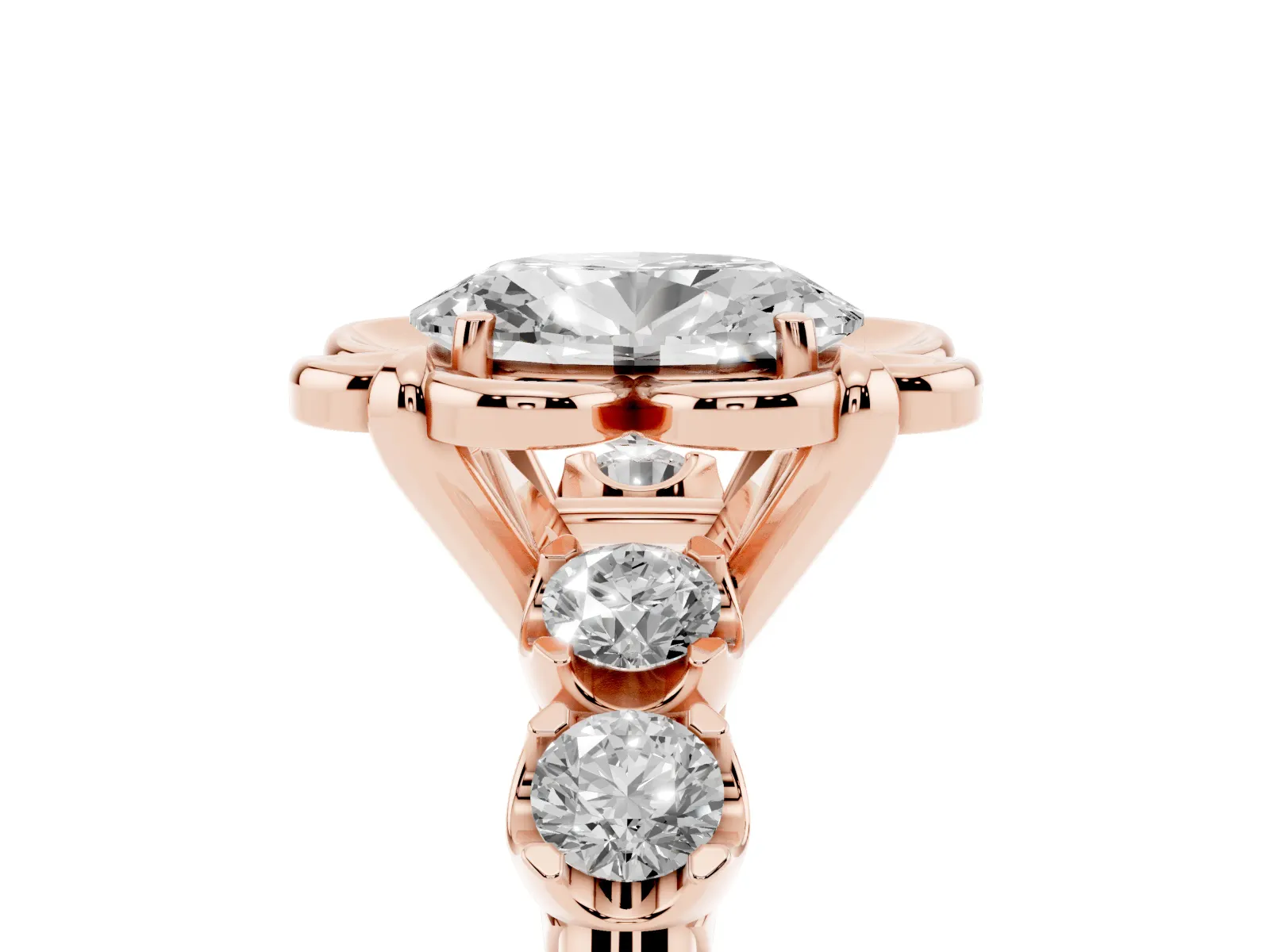 Oval Cut Cut Diamond Floral Halo Engagement Ring with Shared Prong Setting Rose gold