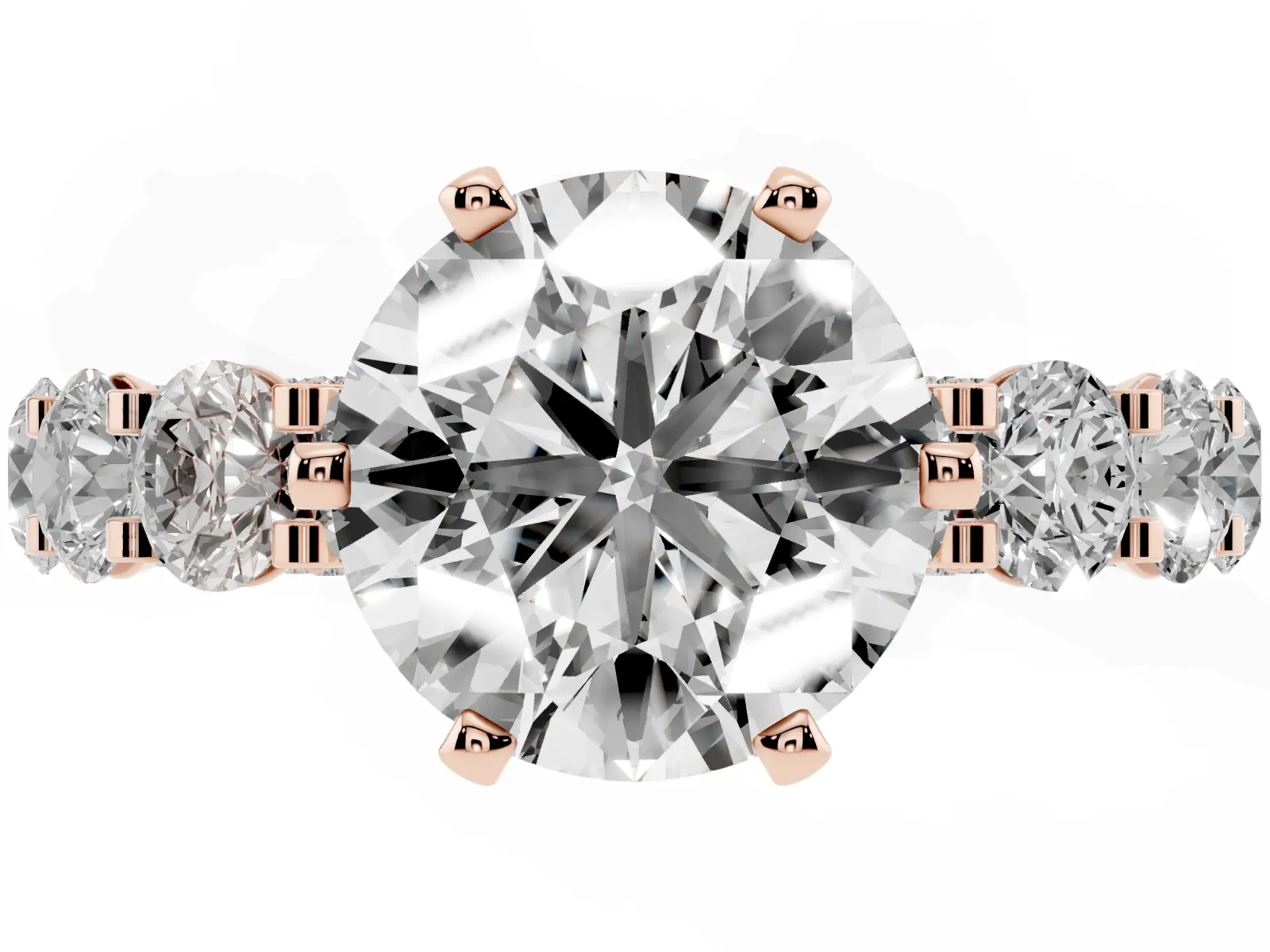 Round Cut Diamond Side Stone Engagement Ring with Four-Prong Setting Rose gold