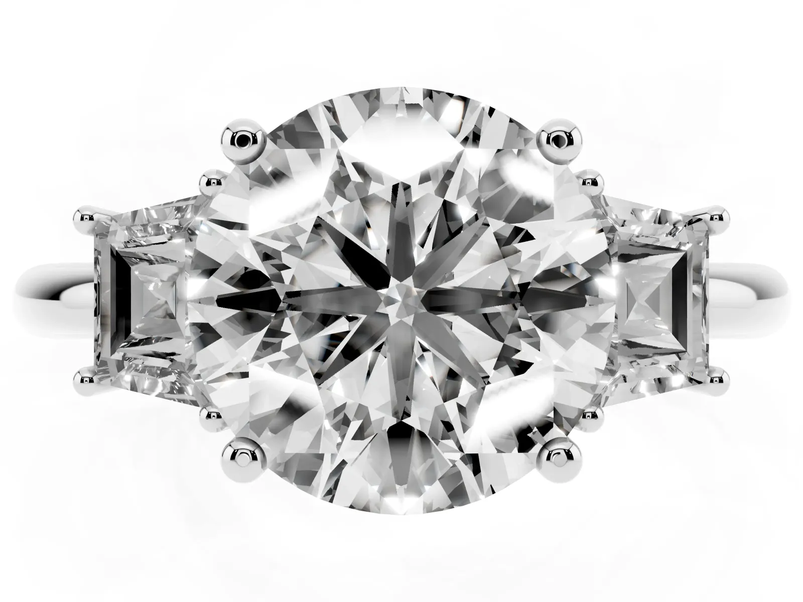 Round Cut Diamond Three-Stone Ring with Trapezoid Side Stones and Prong Setting Platinum
