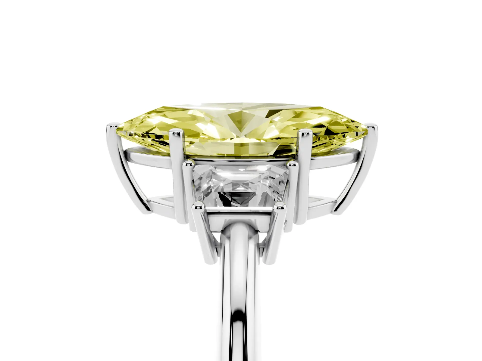 Fancy Yellow Marquise Cut Diamond Three-Stone Ring with Trapezoid Side Stones and Prong Setting Platinum