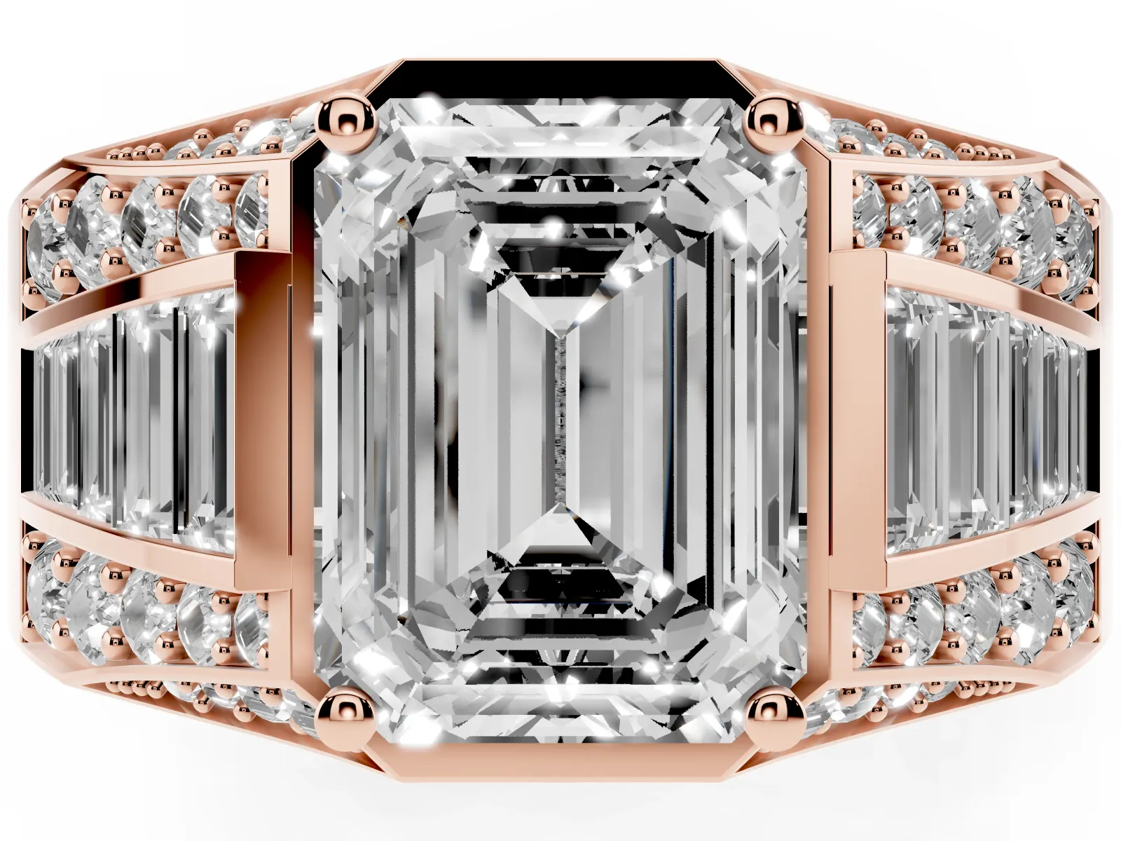 Emerald Cut Diamond Mens Ring with Baguette Side Stones Rose gold