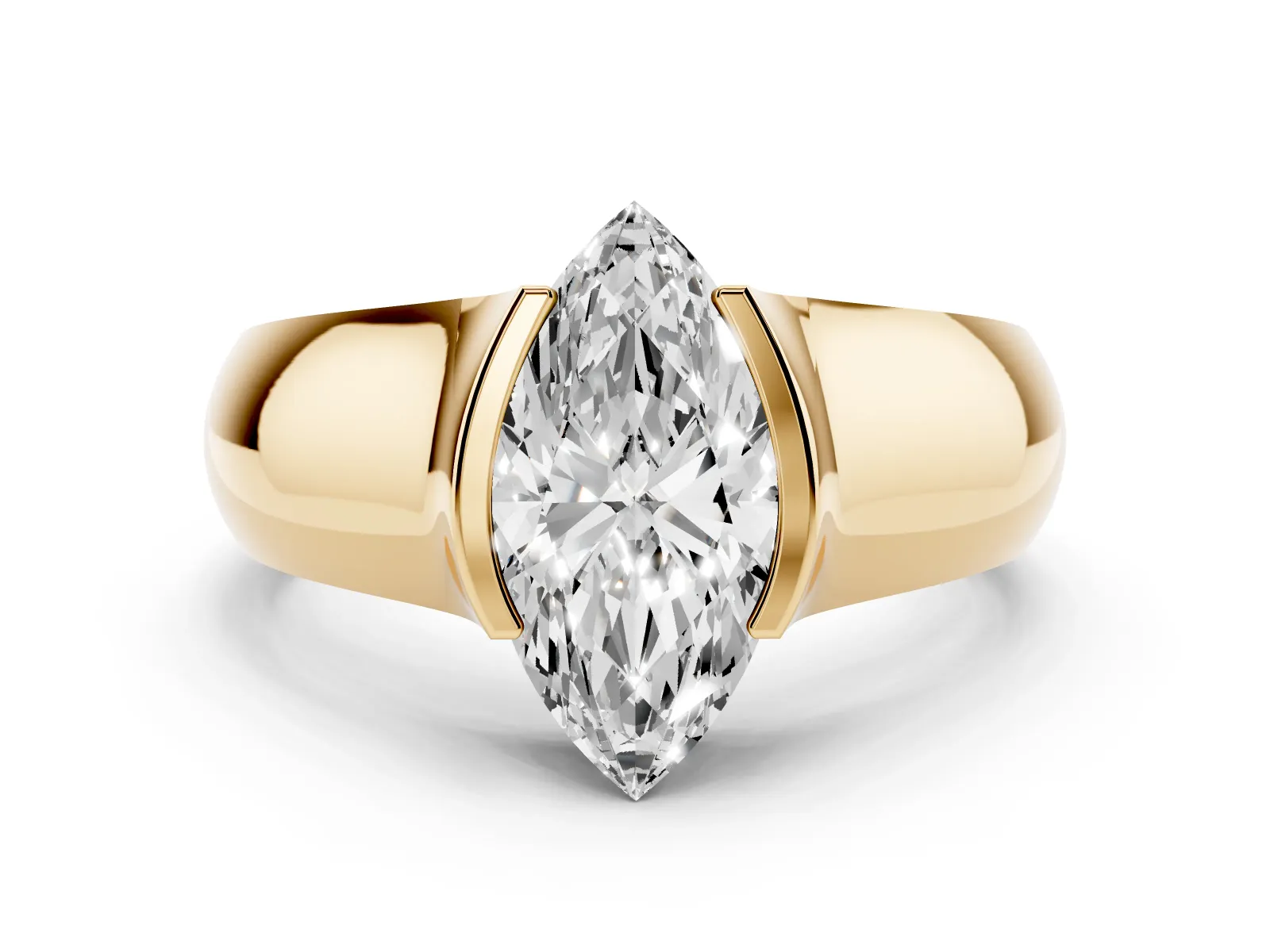 Marquise Cut Solitaire Bezel Set Diamond Ring with Wide Band Yellow gold