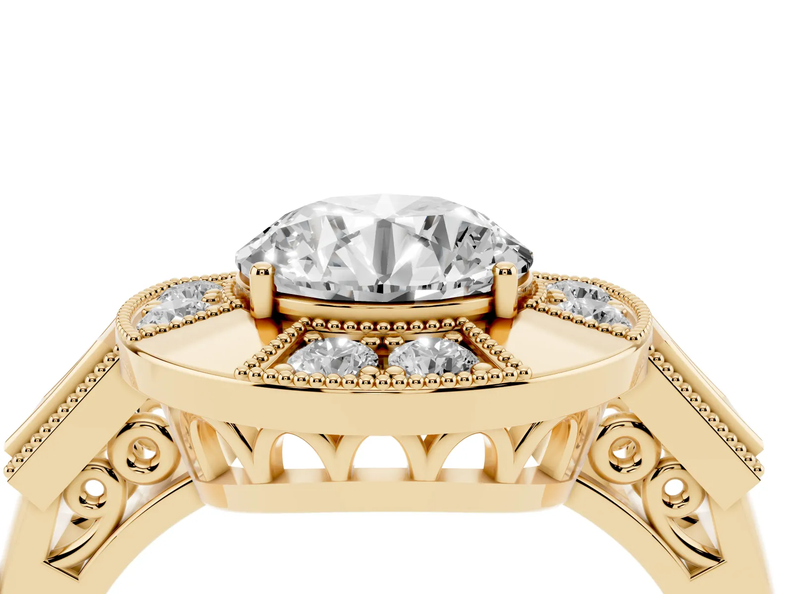 Milgrain Round Cut Diamond Halo Split Shank Ring Yellow gold