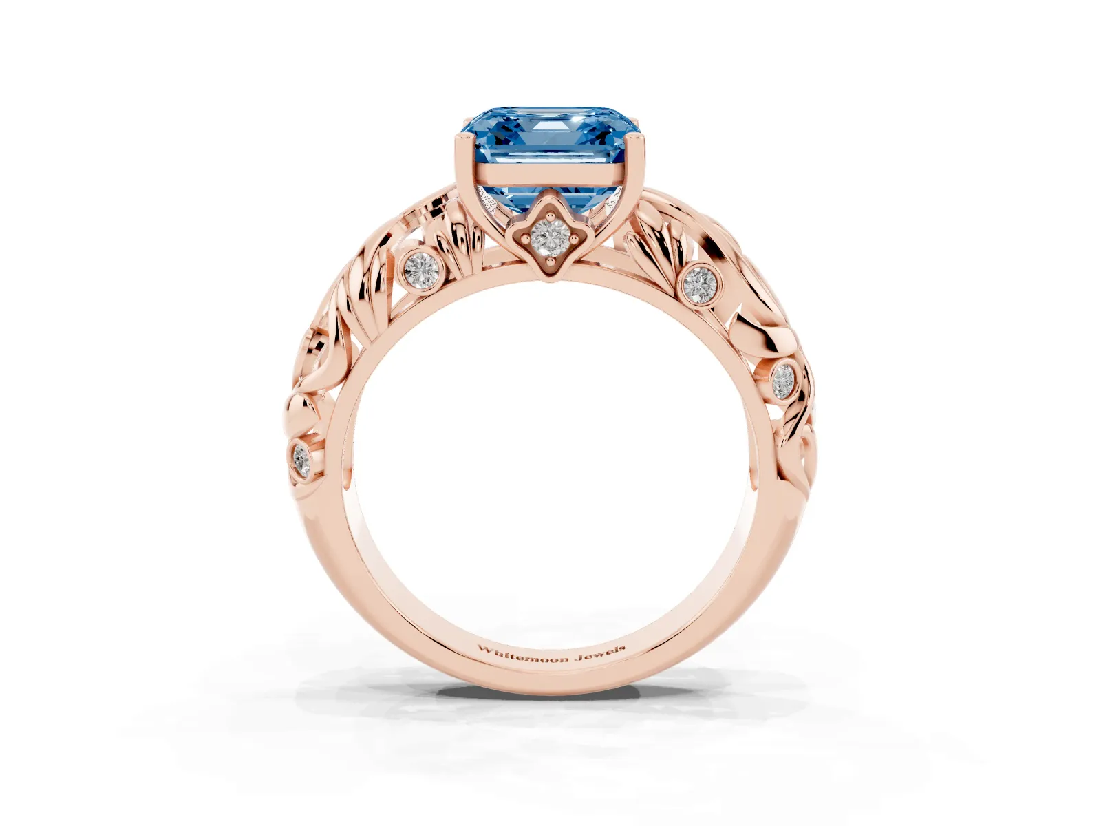 Fancy Blue Asscher Cut Solitaire Diamond Leaf-Inspired Vine Band Ring with Prong Setting Rose gold