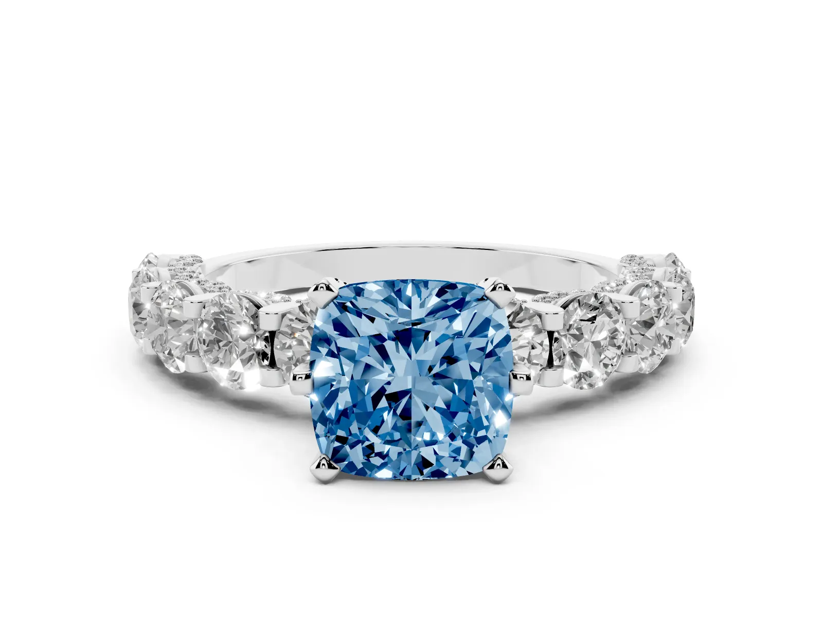 Fancy Blue Cushion Cut Diamond Side Stone Engagement Ring with Four-Prong Setting Platinum