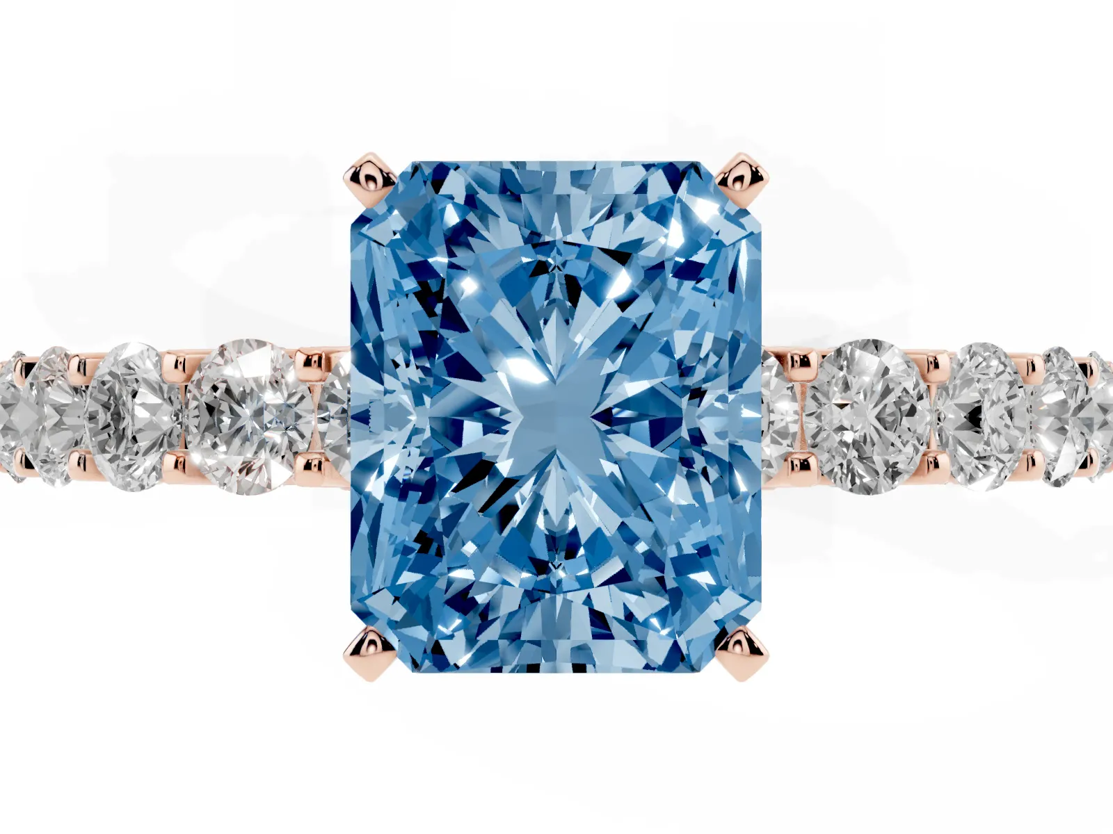 Fancy Blue Radiant Cut Diamond Solitaire Ring with Shared Prong Pavé Band and Four-Prong Setting Rose gold